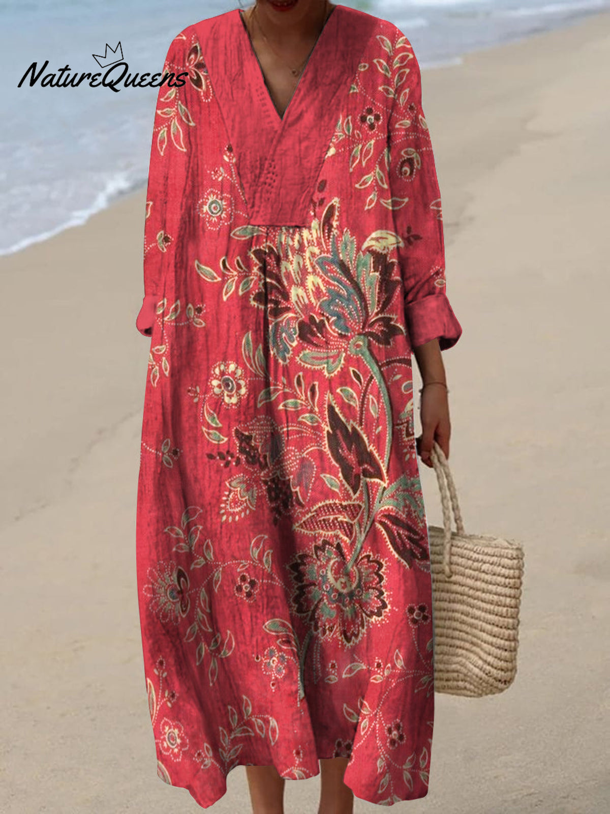 Retro Boho Blumen kunst bedruckt V-Ausschnitt Vintage schick lose lange Ärmel Midi-Kleid