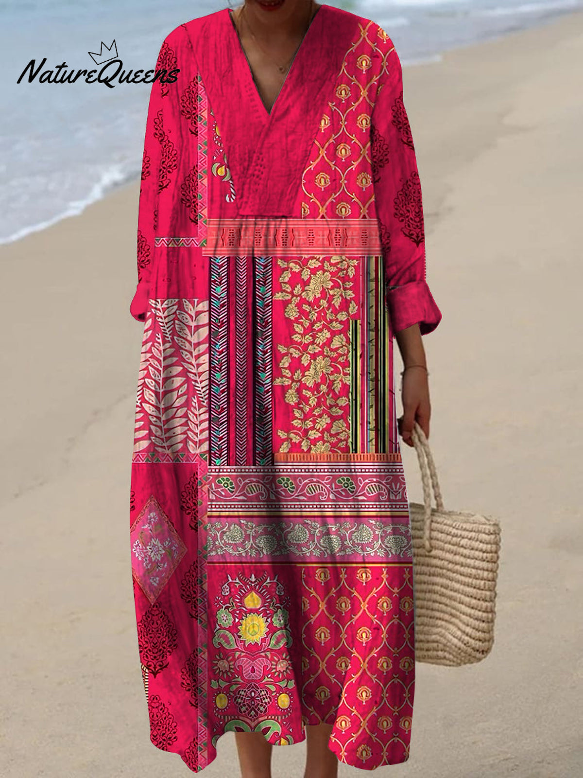 Retro Boho Blumen kunst bedruckt V-Ausschnitt Vintage schick lose lange Ärmel Midi-Kleid