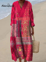 Retro Boho Blumen kunst bedruckt V-Ausschnitt Vintage schick lose lange Ärmel Midi-Kleid