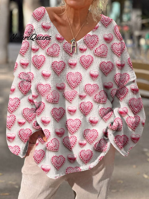 Retro Love Heart Art Print Chic col en V Pull décontracté pour femmes