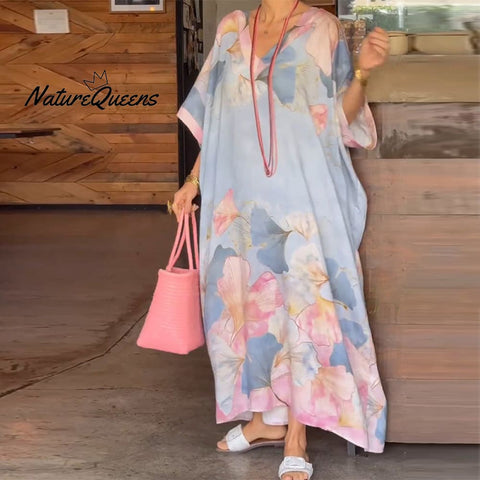 Women's Floral Print V Neck Dress Plus Size Loose Maxi Dress