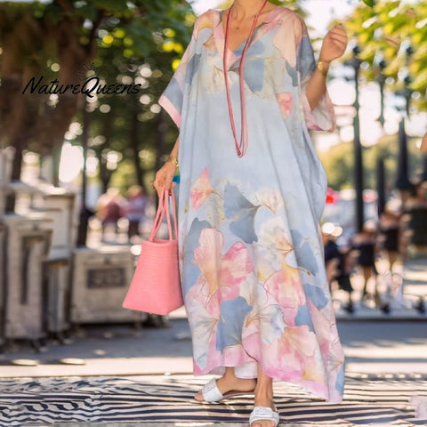 Women's Floral Print V Neck Dress Plus Size Loose Maxi Dress