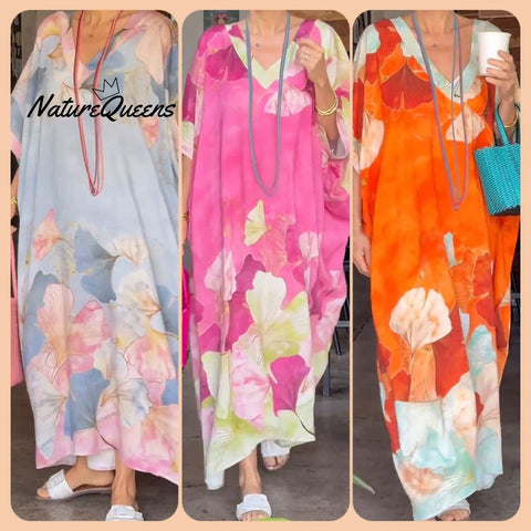 Women's Floral Print V Neck Dress Plus Size Loose Maxi Dress