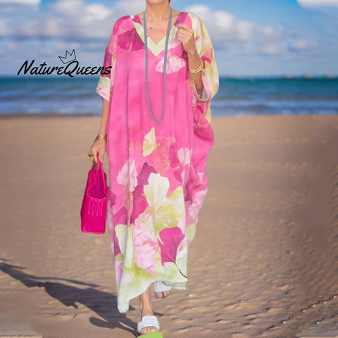 Women's Floral Print V Neck Dress Plus Size Loose Maxi Dress