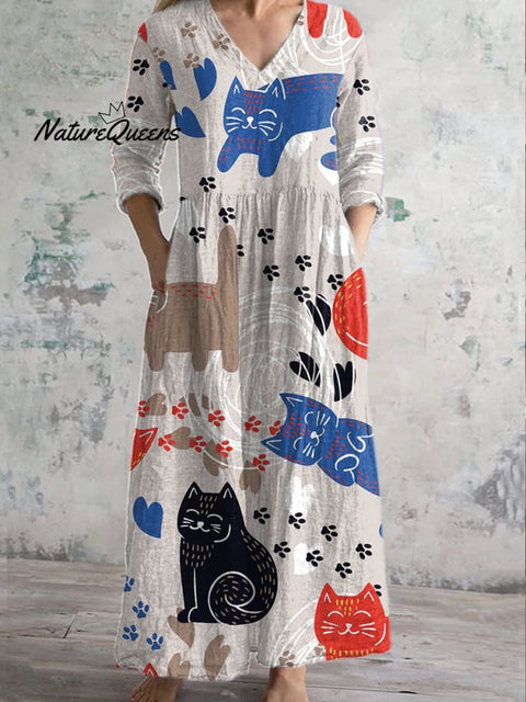 Retro Fashion Graffiti Cat Print Casual V-Neck Dress