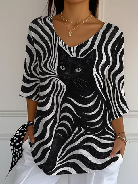Black Cat Stripes Women's Casual Pullover Knit