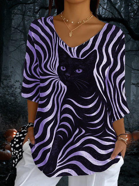 Black Cat Stripes Women's Casual Pullover Knit