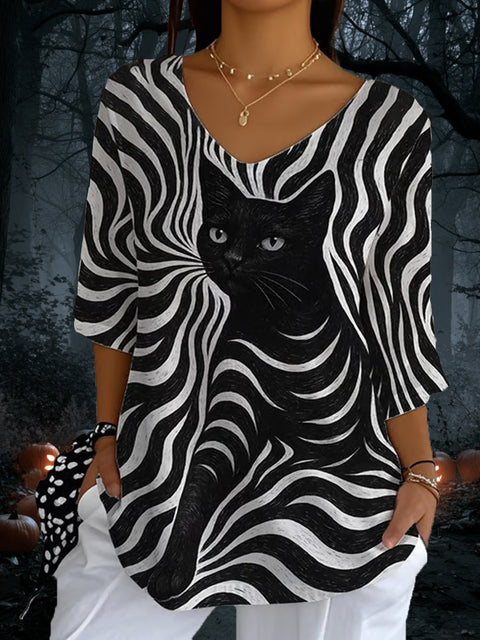 Black Cat Stripes Women's Casual Pullover Knit