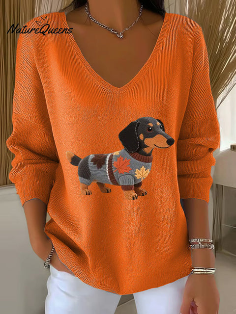 Women's Autumn Dog Art Print V-Neck Ribbed Top