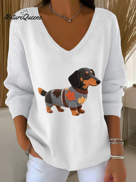 Women's Autumn Dog Art Print V-Neck Ribbed Top
