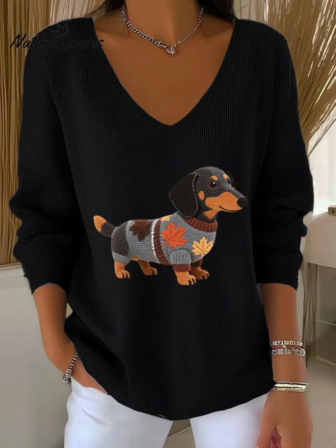 Women's Autumn Dog Art Print V-Neck Ribbed Top
