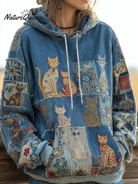 Women's Artistic Cat Print Casual Pocket Hoodie