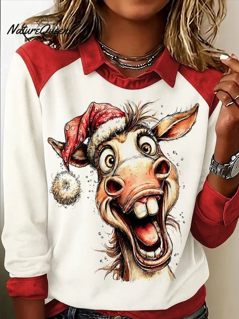 Women's Christmas Horse Print Casual Top