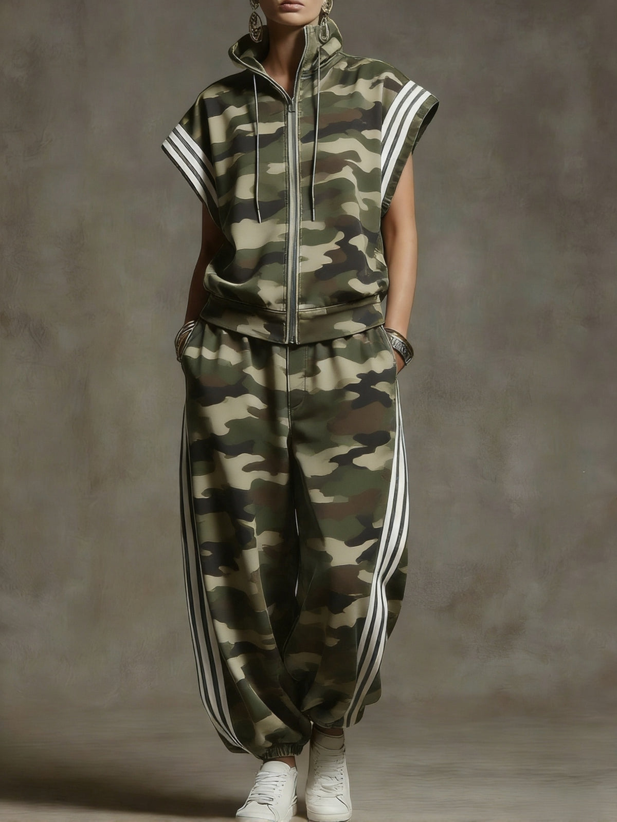 Women's camouflage stand-collar short-sleeved loose-fitting cotton top paired with high-waisted wide-leg cotton trousers set.