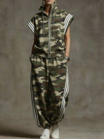 Women's camouflage stand-collar short-sleeved loose-fitting cotton top paired with high-waisted wide-leg cotton trousers set.