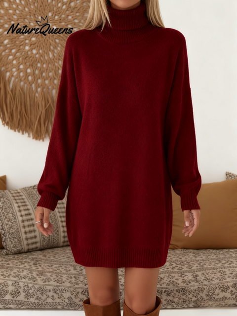 Elegant and Soft Solid Color High-neck Knitted Dress