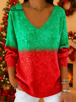 Women's Christmas Red and Green Gradient Shiny Sweater
