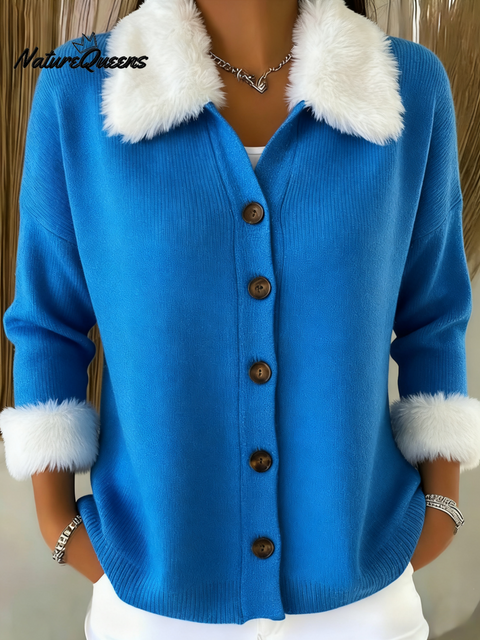 Christmas Casual Faux Rabbit Fur Collar Button Cardigan Sweater