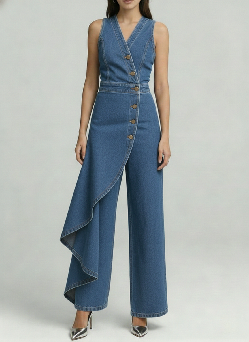 Women's sleeveless casual loose denim wide-leg jumpsuit