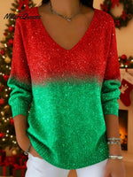 Women's Christmas Red and Green Gradient Shiny Sweater