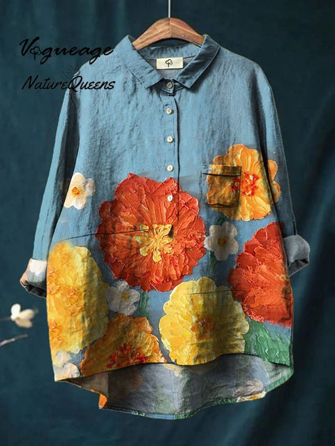 Oil Painting Blue Sky Flowers Printed Cotton And Linen Shirt