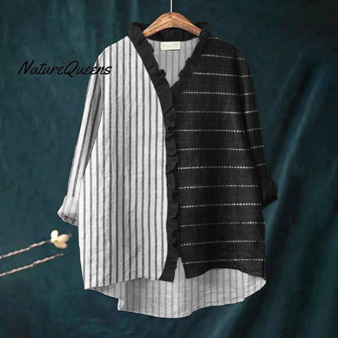 Striped Contrast Color Ruffle Trim Linen Blouse