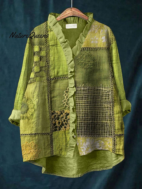 Green Floral Embroidery Art Linen Blend Ruffle Shirt