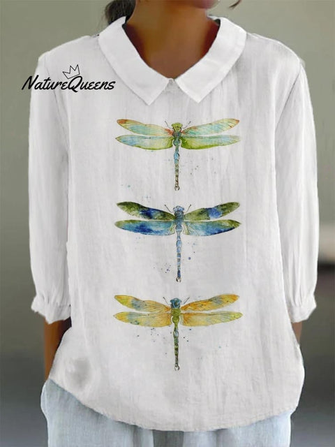 Women's Elegant Watercolor Dragonfly Casual Cotton And Linen Top