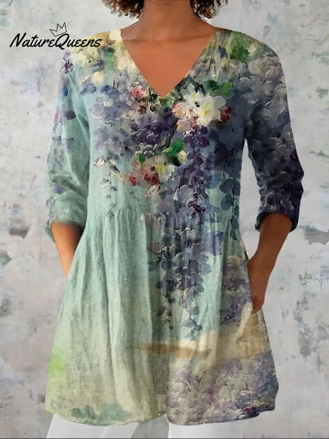 Women's Vintage Floral Art Print Casual V-Neck Three-Quarter Sleeve Elegant Cotton Linen Top