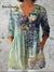 Women's Vintage Floral Art Print Casual V-Neck Three-Quarter Sleeve Elegant Cotton Linen Top