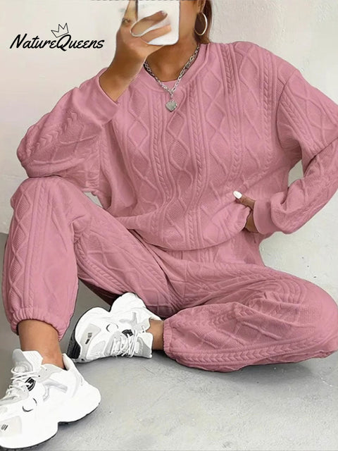 Women's Twisted Patchwork Long Sleeve Round Neck Top with Cuffed Trousers Two-Piece Set