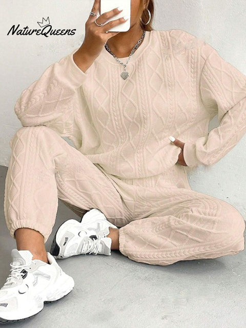 Women's Twisted Patchwork Long Sleeve Round Neck Top with Cuffed Trousers Two-Piece Set