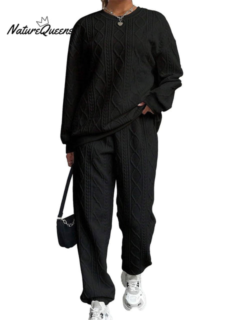 Women's Twisted Patchwork Long Sleeve Round Neck Top with Cuffed Trousers Two-Piece Set