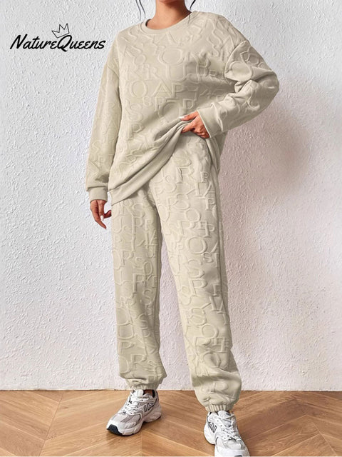 Women's Twisted Patchwork Long Sleeve Round Neck Top with Cuffed Trousers Two-Piece Set