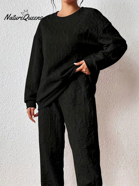 Women's Twisted Patchwork Long Sleeve Round Neck Top with Cuffed Trousers Two-Piece Set