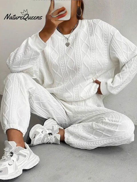 Women's Twisted Patchwork Long Sleeve Round Neck Top with Cuffed Trousers Two-Piece Set