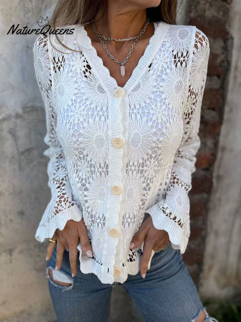 Women's Lace V-neck Long-sleeved Top