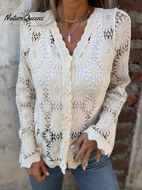 Women's Lace V-neck Long-sleeved Top