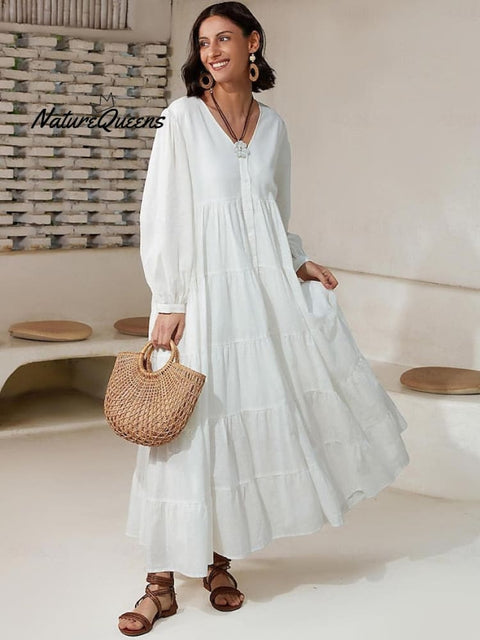 Linen Cotton Blend V Neck Maxi Dress