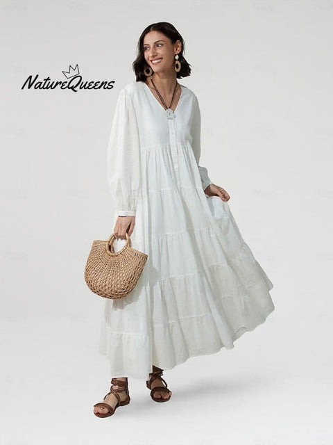 Linen Cotton Blend V Neck Maxi Dress